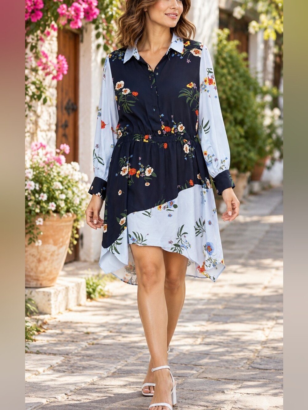 Vince Camuto Floral Asymmetrical Long sleeve Dress Size L